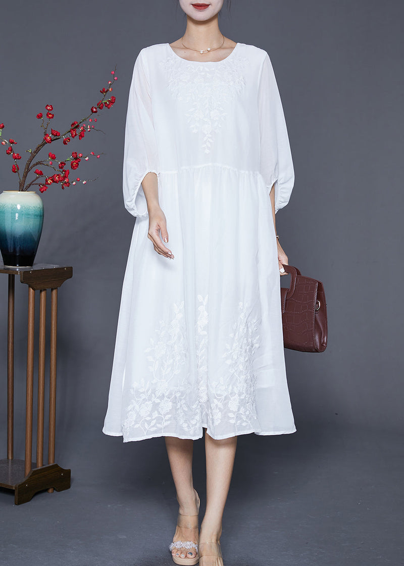 White Embroidered Oversized Cotton Dress Lantern Sleeve