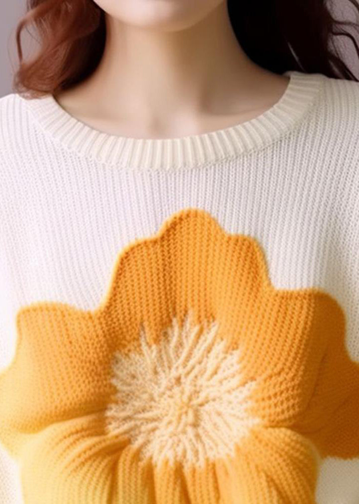 White O Neck Print Knit Tops Long Sleeve