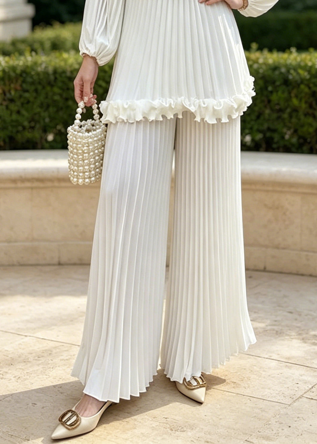 White Oversized Chiffon Pleated Two Pieces Set Spring