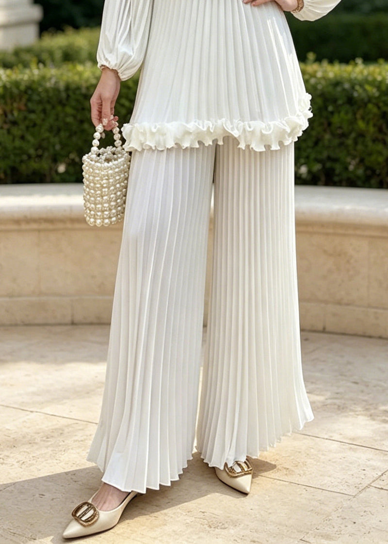 White Oversized Chiffon Pleated Two Pieces Set Spring