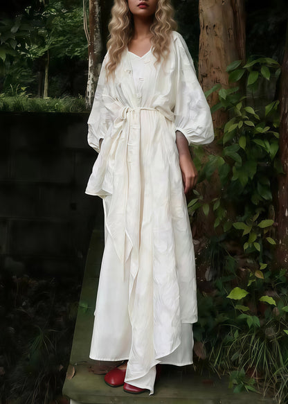 White Oversized Jacquard Cotton Cardigan and Long Dress 2 Piece Outfit Spring