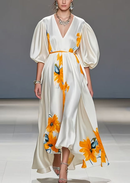 White Puff Sleeve Print Silk Maxi Dresses