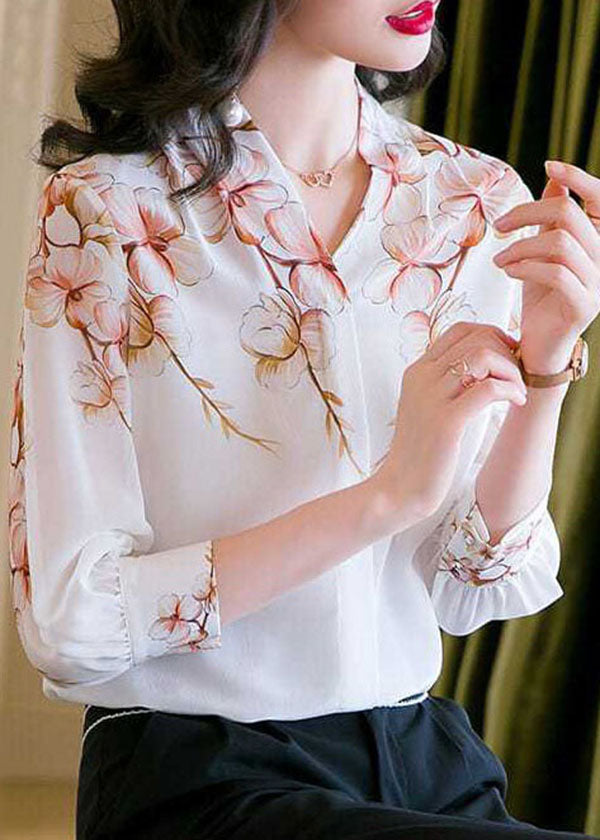 White V Neck Print Patchwork Silk Shirt Top Summer