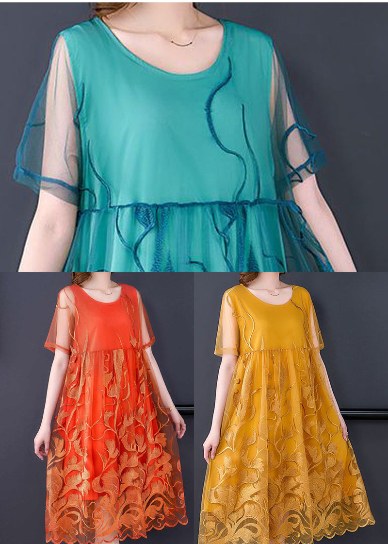 Yellow Embroideried Hollow Out Tulle Dress Summer