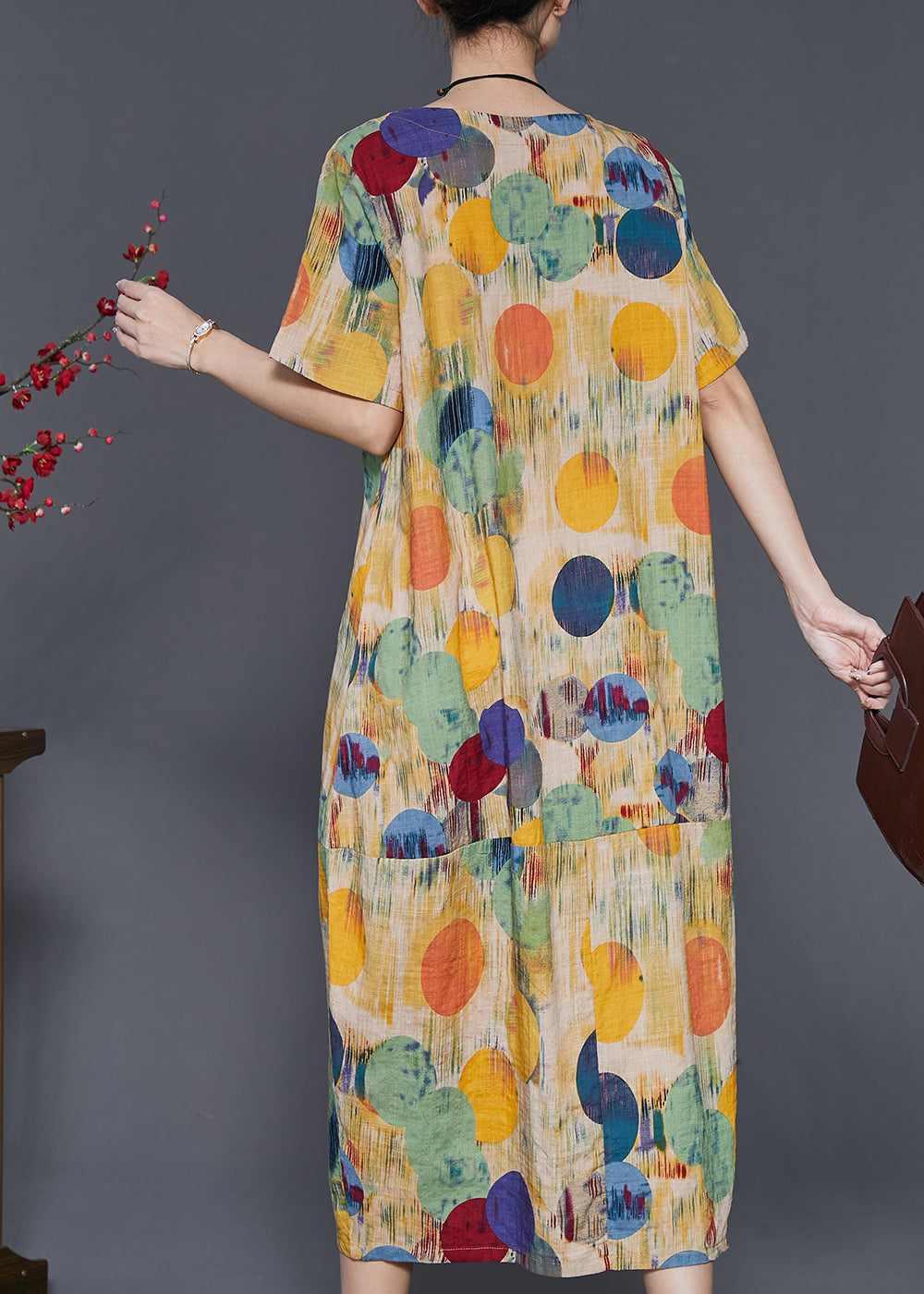 Yellow O-neck Print Cotton Long Dresses Summer
