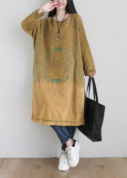 Yellow O Neck Print Side Open Cotton Mid Dress Spring