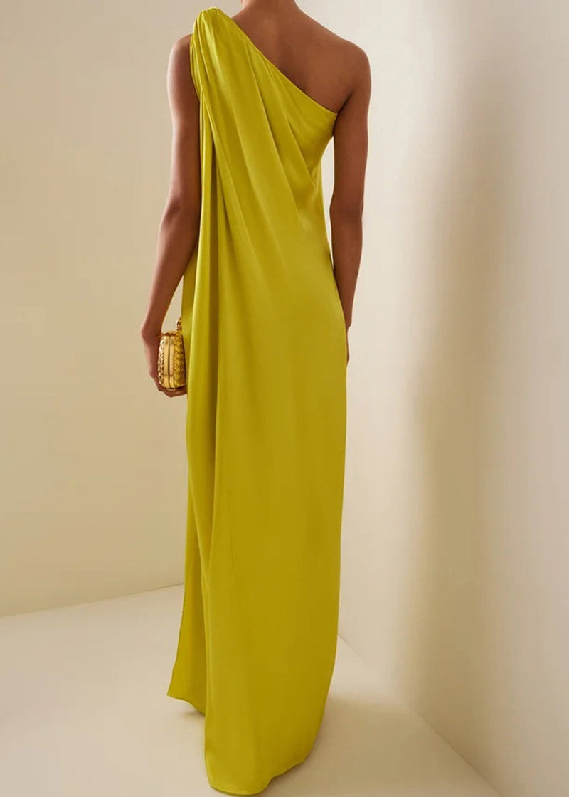 Yellow One Shoulder Asymmetrical Wrinkled Maxi Dresses Summer