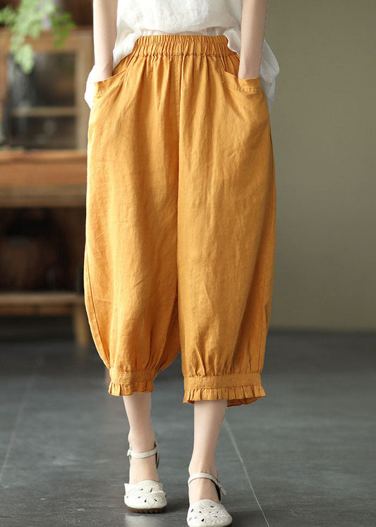 Yellow Pockets Ruffled Patchwork Linen Crop Pants Summer