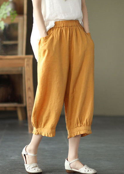 Yellow Pockets Ruffled Patchwork Linen Crop Pants Summer
