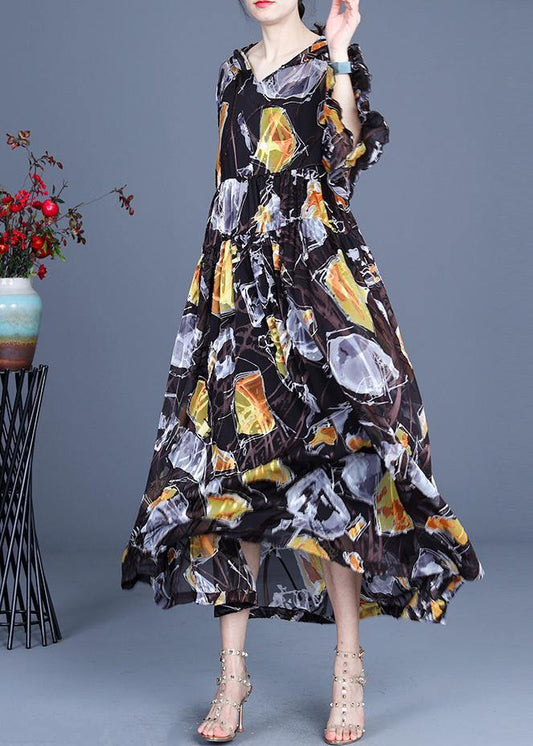 Yellow Print Hooded Cinched Mid Dress Summer Silk