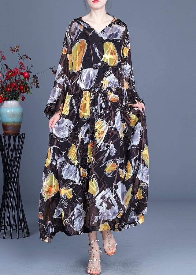 Yellow Print Hooded Cinched Mid Dress Summer Silk