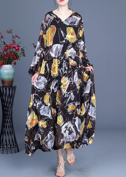 Yellow Print Hooded Cinched Mid Dress Summer Silk
