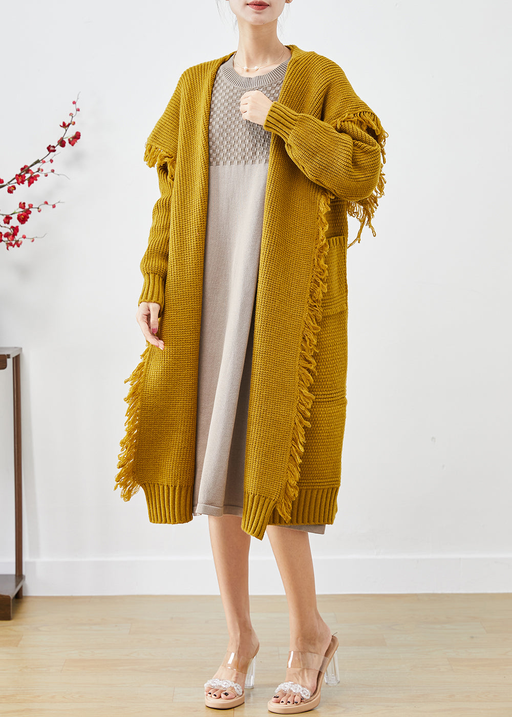 Yellow Sailor Collar Tasseled Knit Cardigan Fall