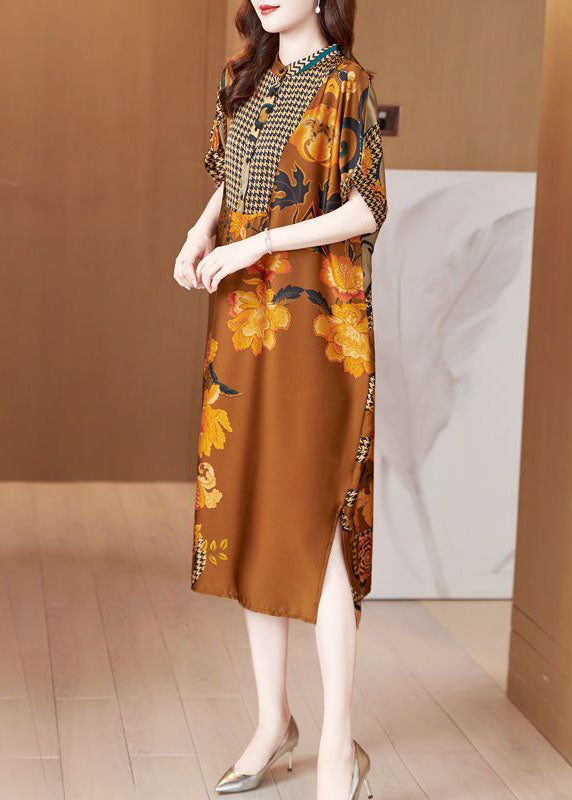 Yellow Stand Collar Patchwork Print Silk Long Dresses Summer