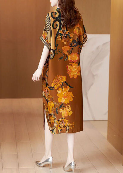 Yellow Stand Collar Patchwork Print Silk Long Dresses Summer
