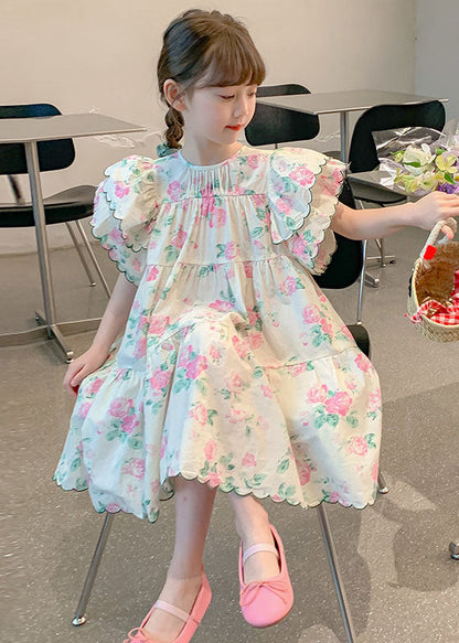 Boutique Apricot Print Patchwork Cotton Kids Dresses Butterfly Sleeve