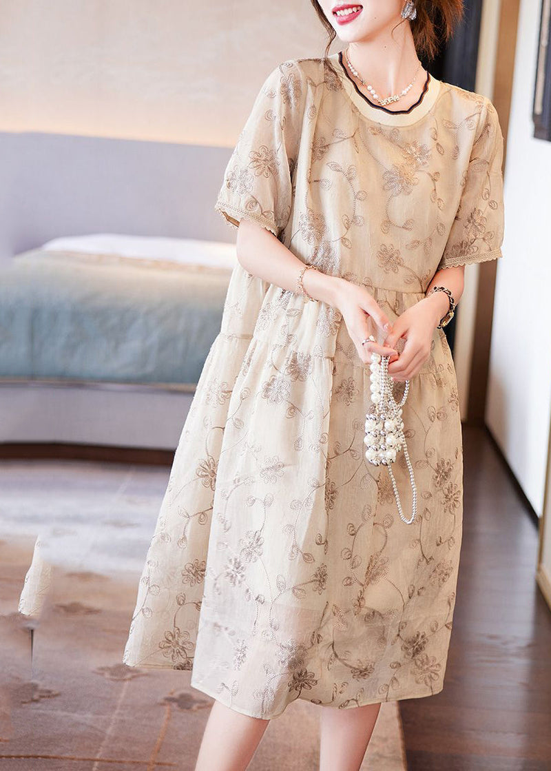 Boutique Beige O-neck Patchwork Print Chiffon Long Dresses Summer