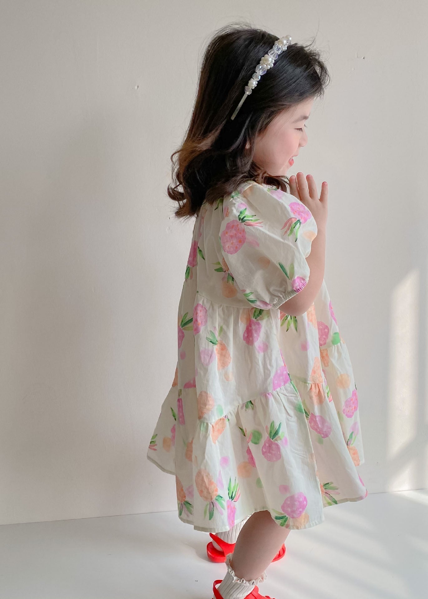 Boutique Beige Print Wrinkled Patchwork Cotton Kids Dresses Summer