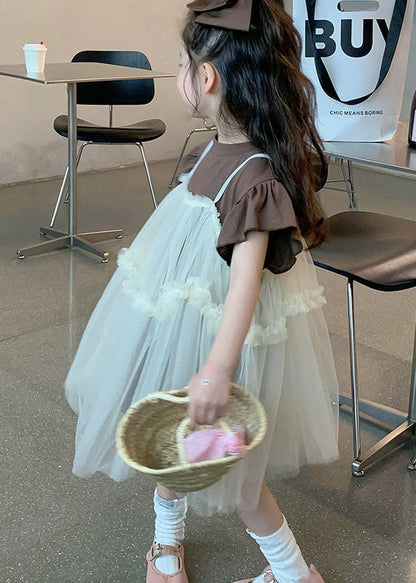 Boutique Beige Ruffled Patchwork Tulle Baby Dresses Two Pieces Set Summer