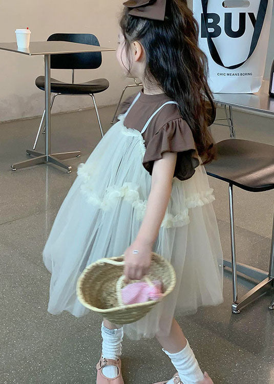 Boutique Beige Ruffled Patchwork Tulle Baby Dresses Two Pieces Set Summer