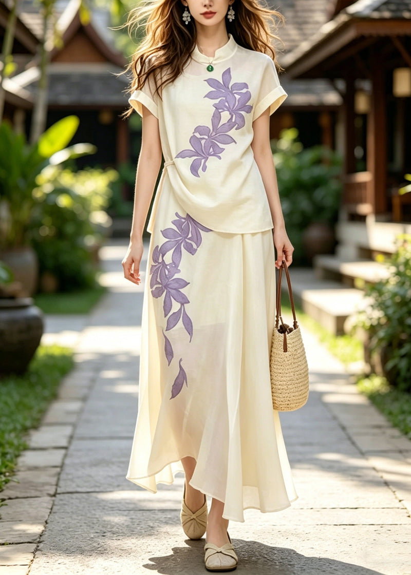 Boutique Beige Stand Collar Print Silk Two Pieces Set Summer