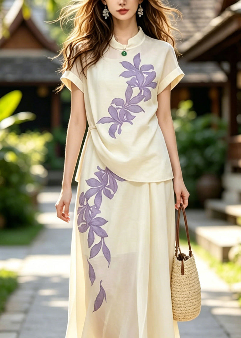 Boutique Beige Stand Collar Print Silk Two Pieces Set Summer