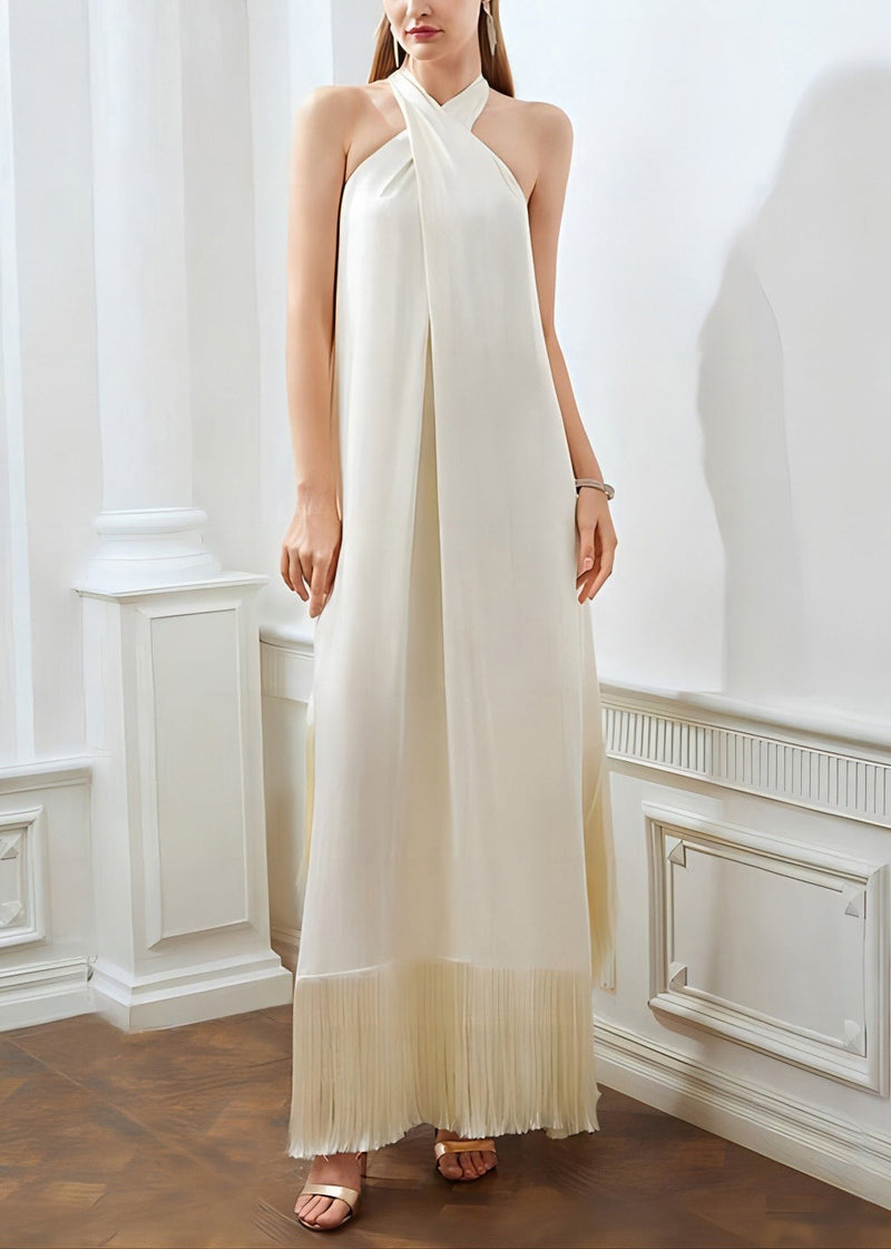 Boutique Beige Tasseled Off the Shoulder Dress Sleeveless