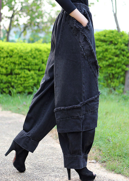 Boutique Black Grey Patchwork Winter Denim Pants