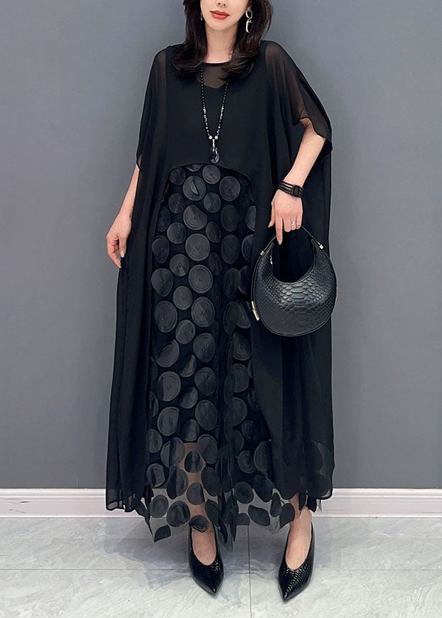 Boutique Black O-neck Asymmetrical Patchwork Chiffon Two Piece Suit Set Summer
