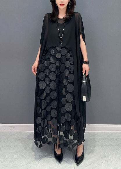 Boutique Black O-neck Asymmetrical Patchwork Chiffon Two Piece Suit Set Summer