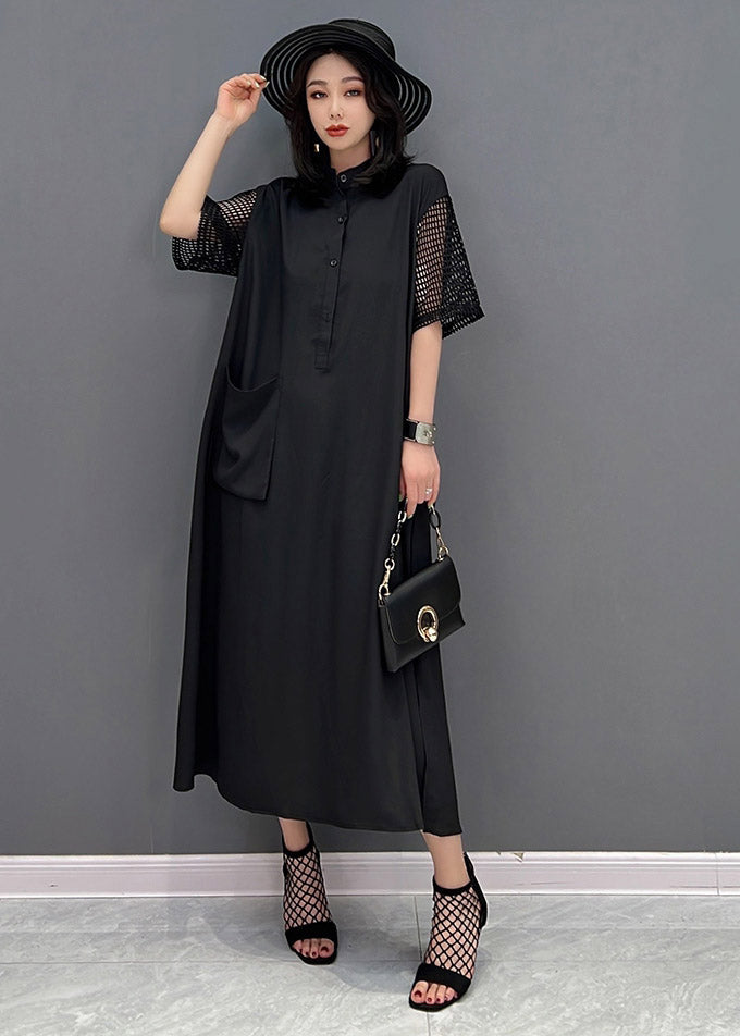 Boutique Black O-neck Button Pockets Side Open Dress Short Sleeve