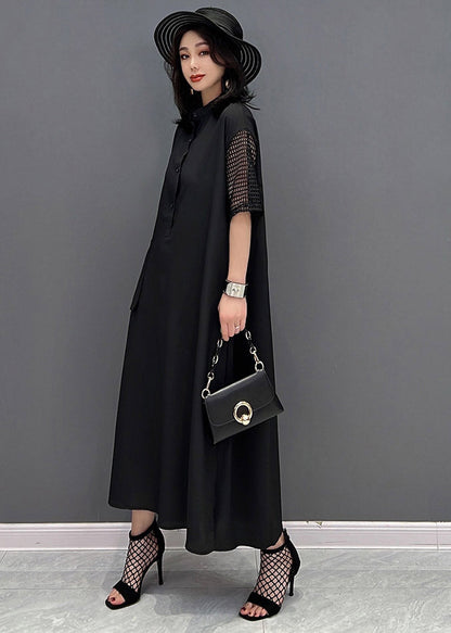 Boutique Black O-neck Button Pockets Side Open Dress Short Sleeve
