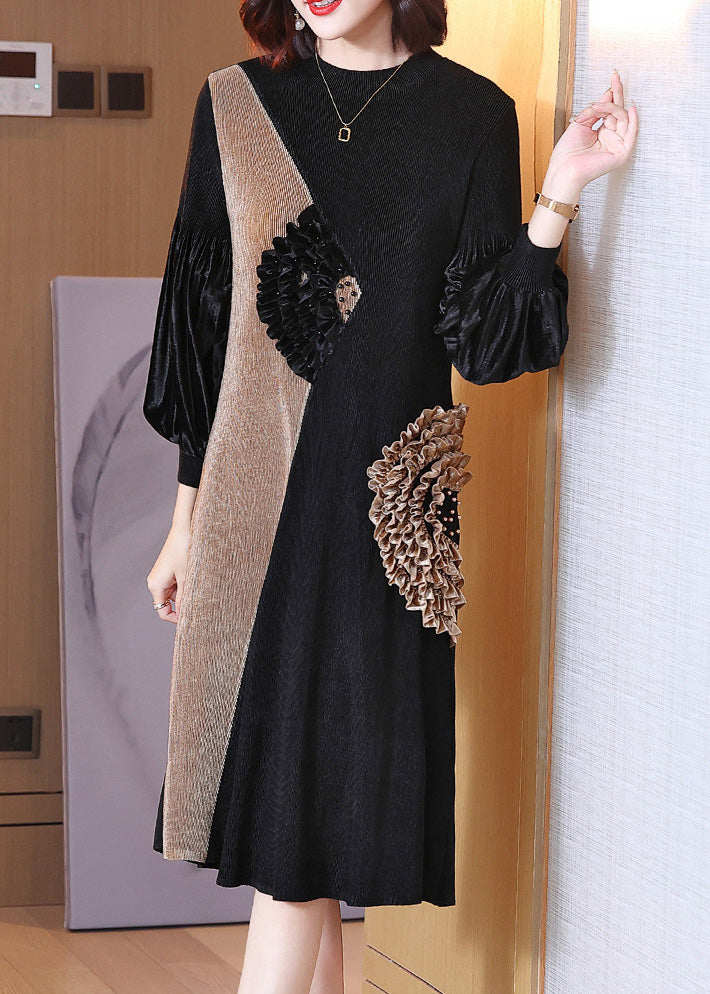Boutique Black O-neck Embroideried Patchwork Wrinkled Velour Maxi Dresses Spring