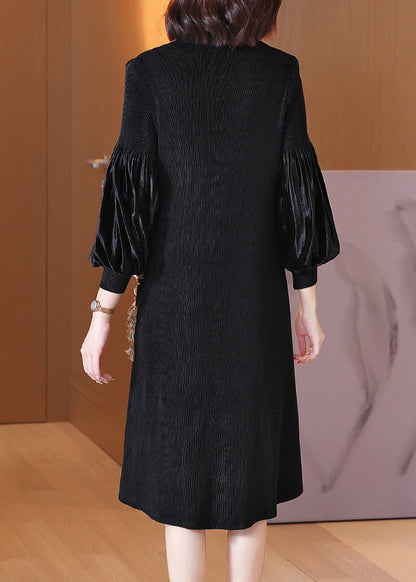 Boutique Black O-neck Embroideried Patchwork Wrinkled Velour Maxi Dresses Spring