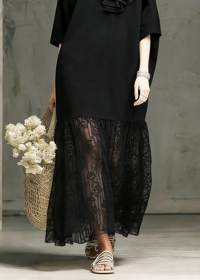 Boutique Black O Neck Lace Patchwork Cotton Dress Summer