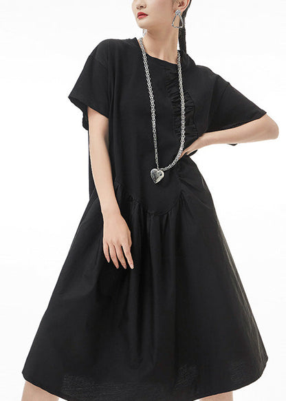 Boutique Black O-neck Wrinkled Vacation Dresses Short Sleeve