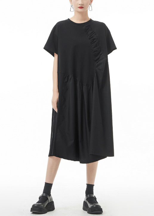 Boutique Black O-neck Wrinkled Vacation Dresses Short Sleeve