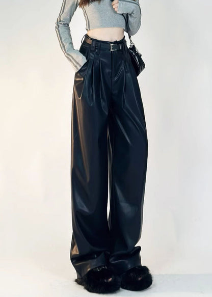 Boutique Black Pockets Warm Fleece Faux Leather Pants