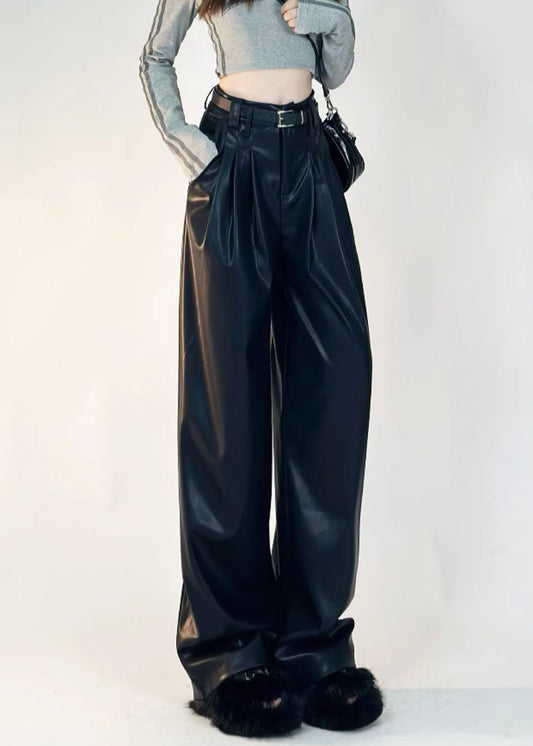 Boutique Black Pockets Warm Fleece Faux Leather Pants