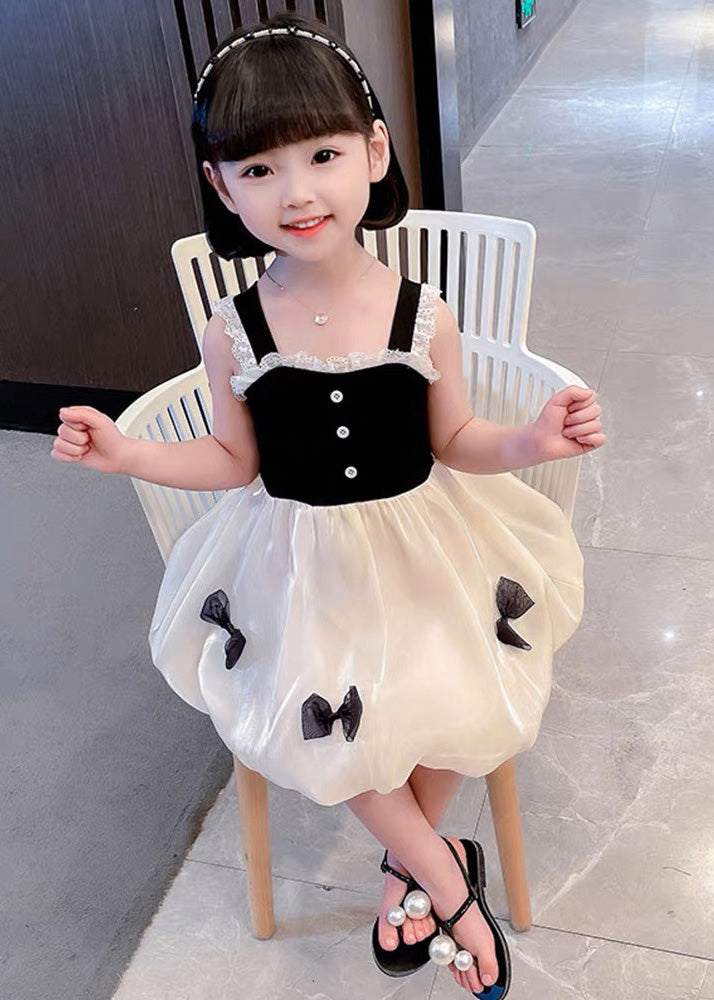 Boutique Black Square Collar Lace Patchwork Bow Silk Vacation Slip Mid Dress Summer