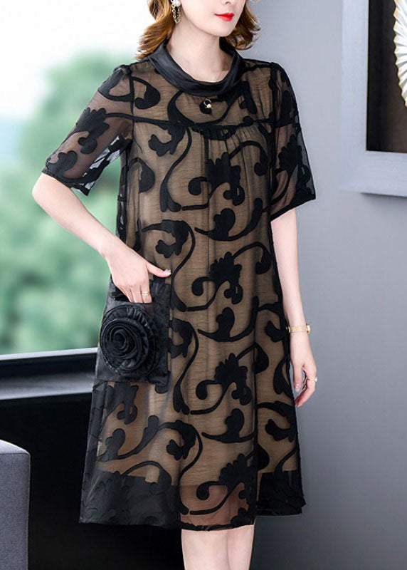 Boutique Black Stand Collar Pockets Patchwork Silk Mid Dresses Summer