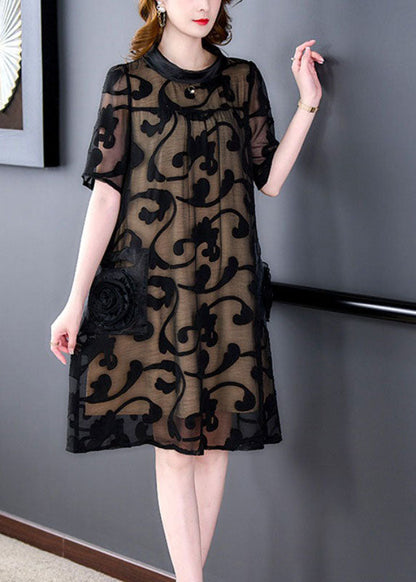 Boutique Black Stand Collar Pockets Patchwork Silk Mid Dresses Summer
