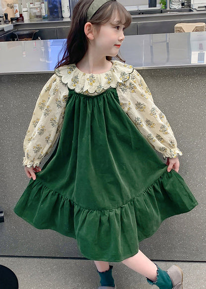 Boutique Blackish Green Print Wrinkled Cotton Baby Dress Two Pieces Set Fall