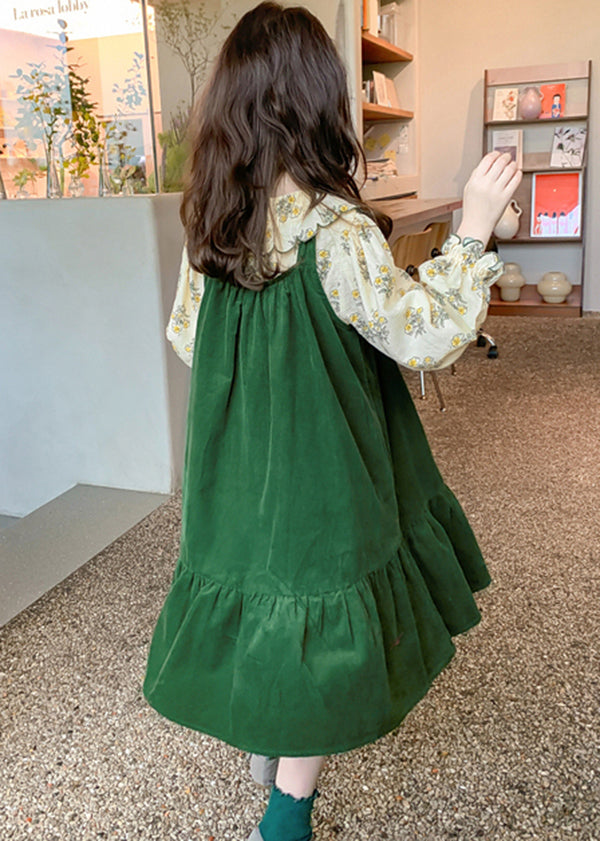 Boutique Blackish Green Print Wrinkled Cotton Baby Dress Two Pieces Set Fall