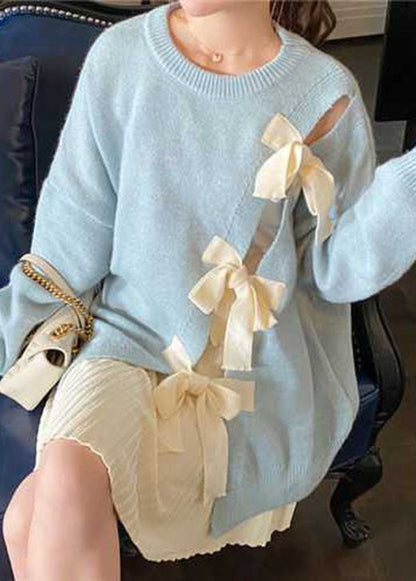 Boutique Blue Bow Patchwork Fall Knit Sweaters