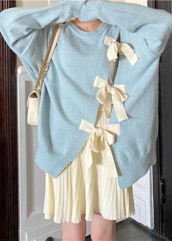 Boutique Blue Bow Patchwork Fall Knit Sweaters