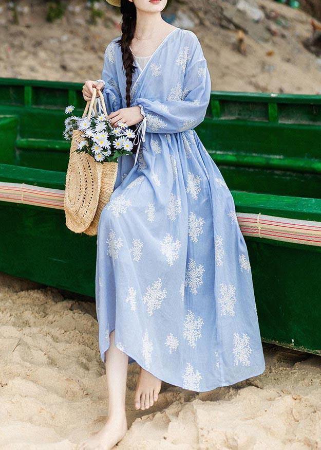 Boutique Blue Embroideried Tie Waist Long Summer Cotton Dress