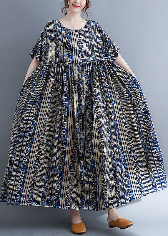 Boutique Blue O-neck Cinched Print Extra Large Hem Holiday Dress Short Sleeve