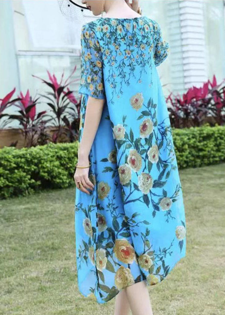 Boutique Blue O-neck Print Exra Large Hem Silk Dress Short Sleeve