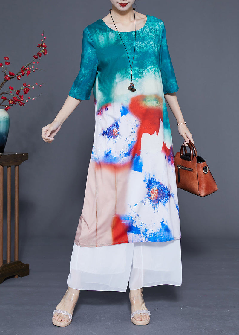 Boutique Blue O-neck Tie Dye Silk Long Dress Half Sleeve